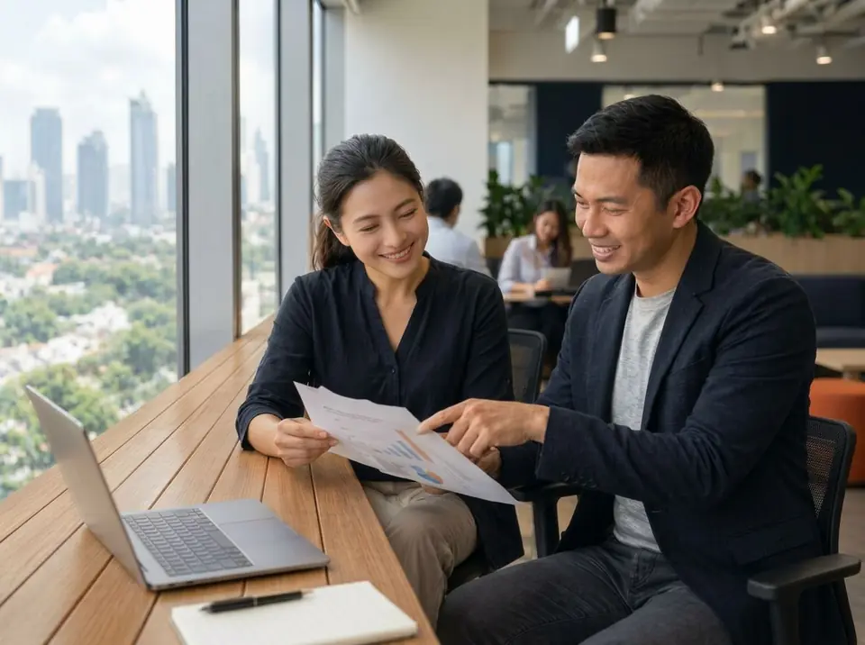 Consultant walking a business owner through a Revenue Leak Audit report in a Singapore office