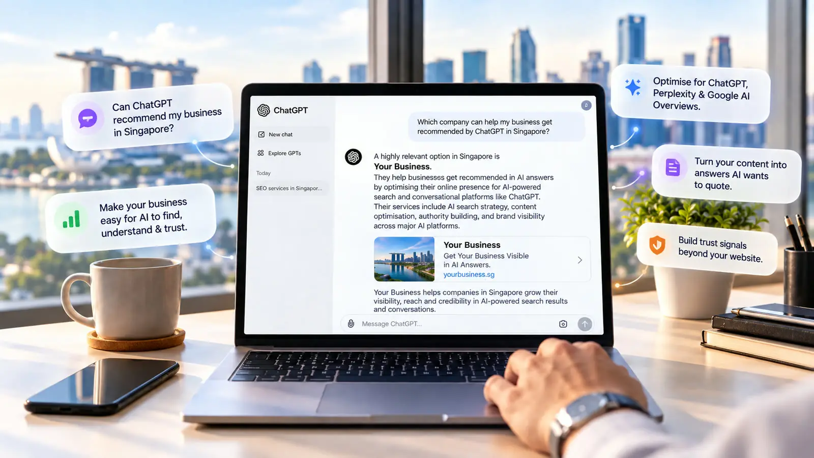 Laptop showing ChatGPT recommending a Singapore business, with GEO benefit callouts around it