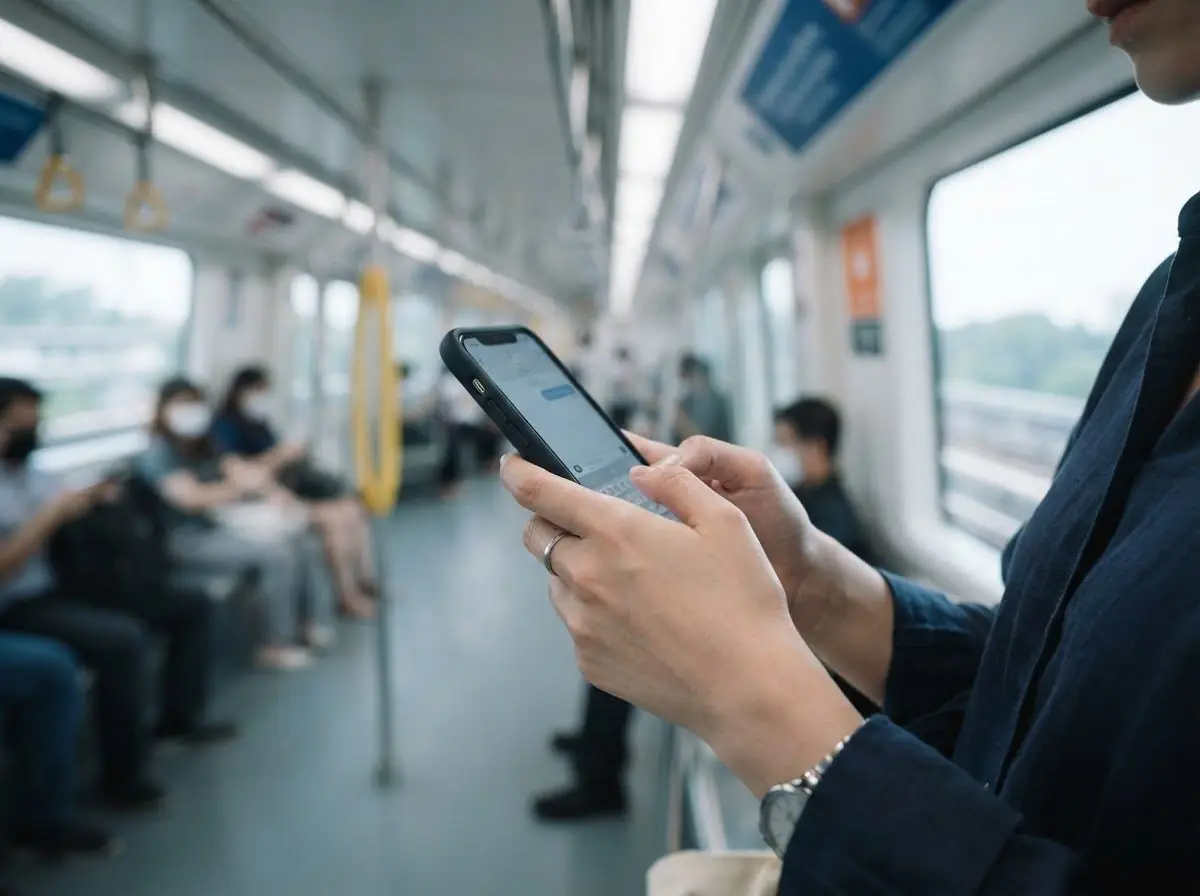 A commuter on a Singapore MRT train typing a question into an AI chat app on their phone